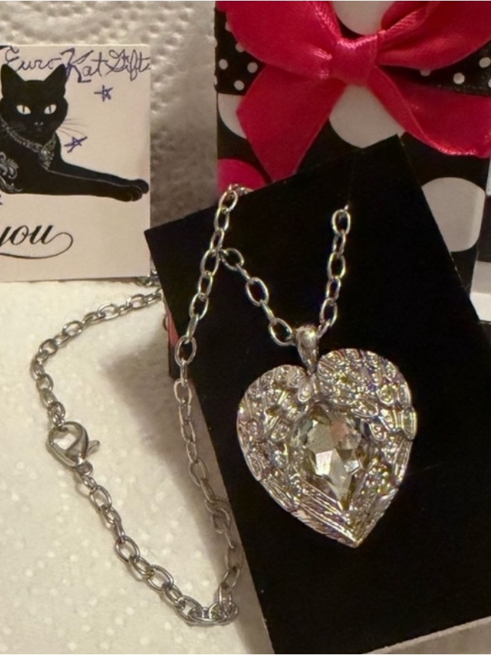 NWT Private Label Silver Angel Wings Heart Crystal Pendant Necklace NEW